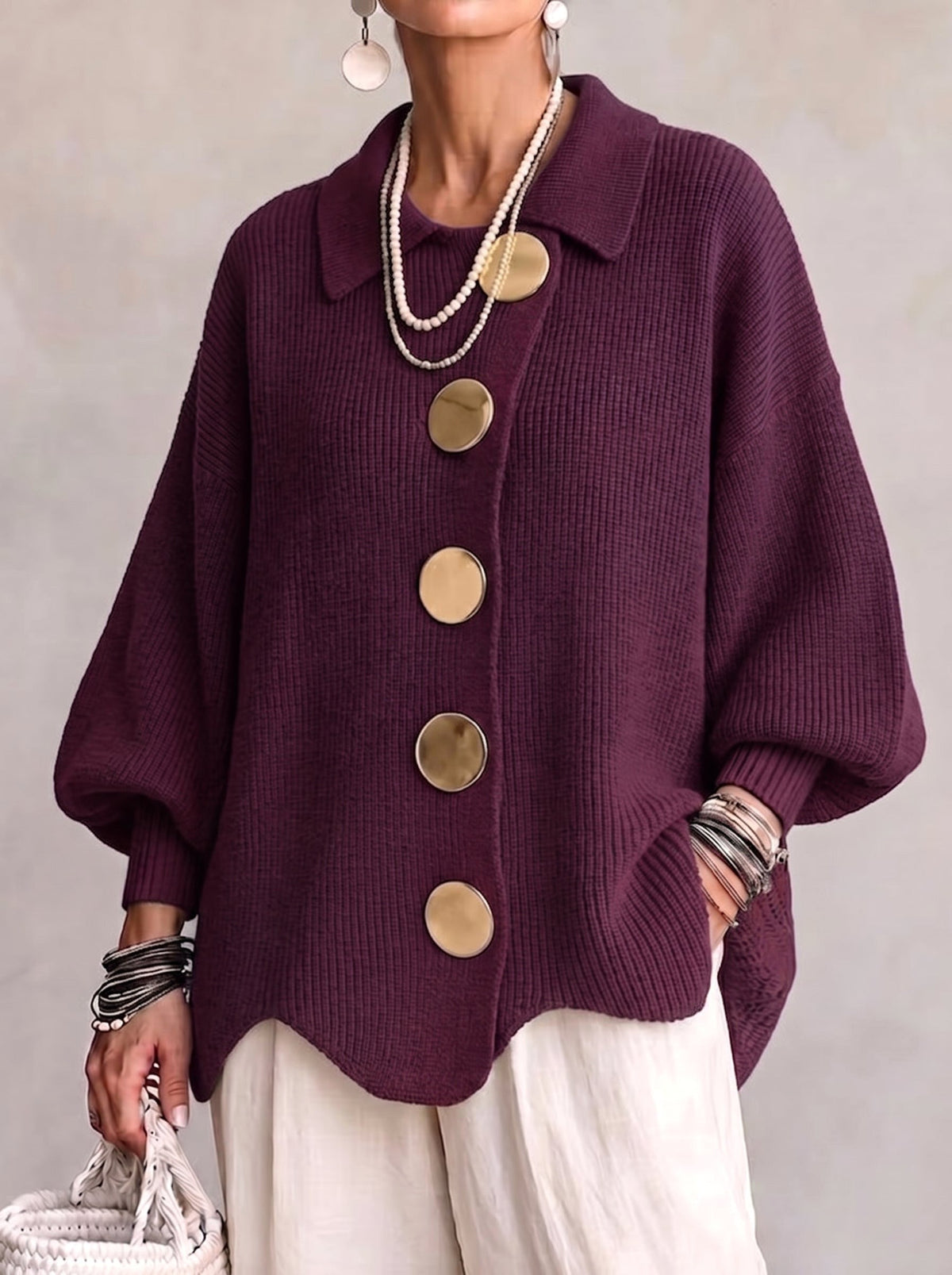Abigail | Women's Oversized Cardigan with Collar and Large Buttons, Relaxed-Fit Cardigan | Everlasting Boutique