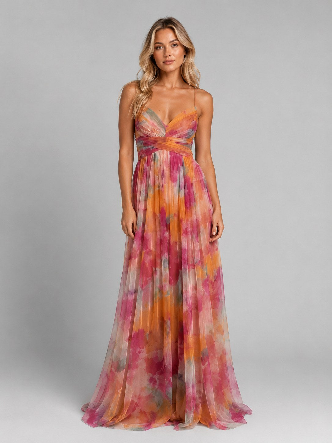 Ada | Women's Floral V-Neck Maxi Dress, Flowing Silhouette Evening Dress | Everlasting Boutique | Orange