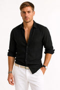 Adam | Men's Linen Oxford Shirt with Rolled Sleeves, Button-Down Casual Shirt | Everlasting Boutique | Black