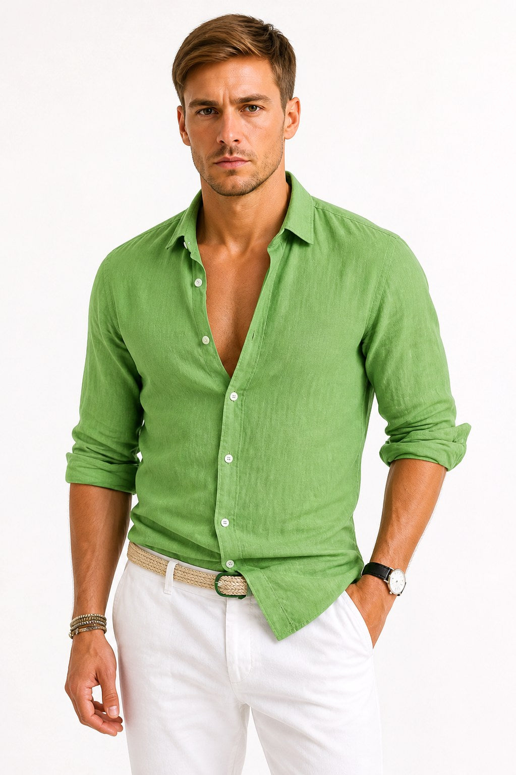 Adam | Men's Linen Oxford Shirt with Rolled Sleeves, Button-Down Casual Shirt | Everlasting Boutique | Green