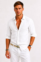 Adam | Men's Linen Oxford Shirt with Rolled Sleeves, Button-Down Casual Shirt | Everlasting Boutique | White