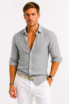 Adam | Men's Linen Oxford Shirt with Rolled Sleeves, Button-Down Casual Shirt | Everlasting Boutique | Grey