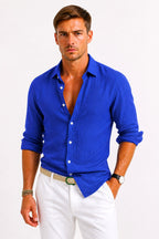Adam | Men's Linen Oxford Shirt with Rolled Sleeves, Button-Down Casual Shirt | Everlasting Boutique | Beige