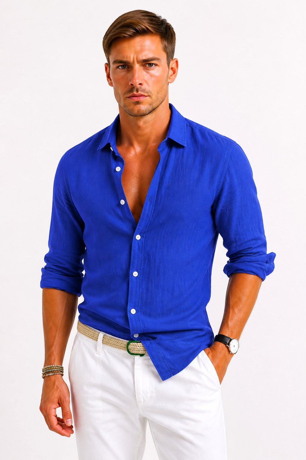 Adam | Men's Linen Oxford Shirt with Rolled Sleeves, Button-Down Casual Shirt | Everlasting Boutique | Beige