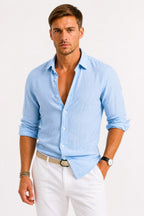 Adam | Men's Linen Oxford Shirt with Rolled Sleeves, Button-Down Casual Shirt | Everlasting Boutique | Rose