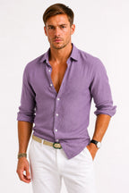 Adam | Men's Linen Oxford Shirt with Rolled Sleeves, Button-Down Casual Shirt | Everlasting Boutique | Blue