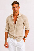 Adam | Men's Linen Oxford Shirt with Rolled Sleeves, Button-Down Casual Shirt | Everlasting Boutique | Light Blue