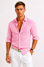 Adam | Men's Linen Oxford Shirt with Rolled Sleeves, Button-Down Casual Shirt | Everlasting Boutique | Purple