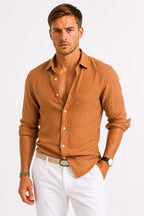 Adam | Men's Linen Oxford Shirt with Rolled Sleeves, Button-Down Casual Shirt | Everlasting Boutique | Brown