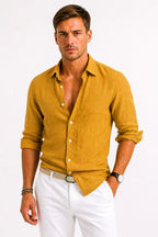 Adam | Men's Linen Oxford Shirt with Rolled Sleeves, Button-Down Casual Shirt | Everlasting Boutique | Mustard