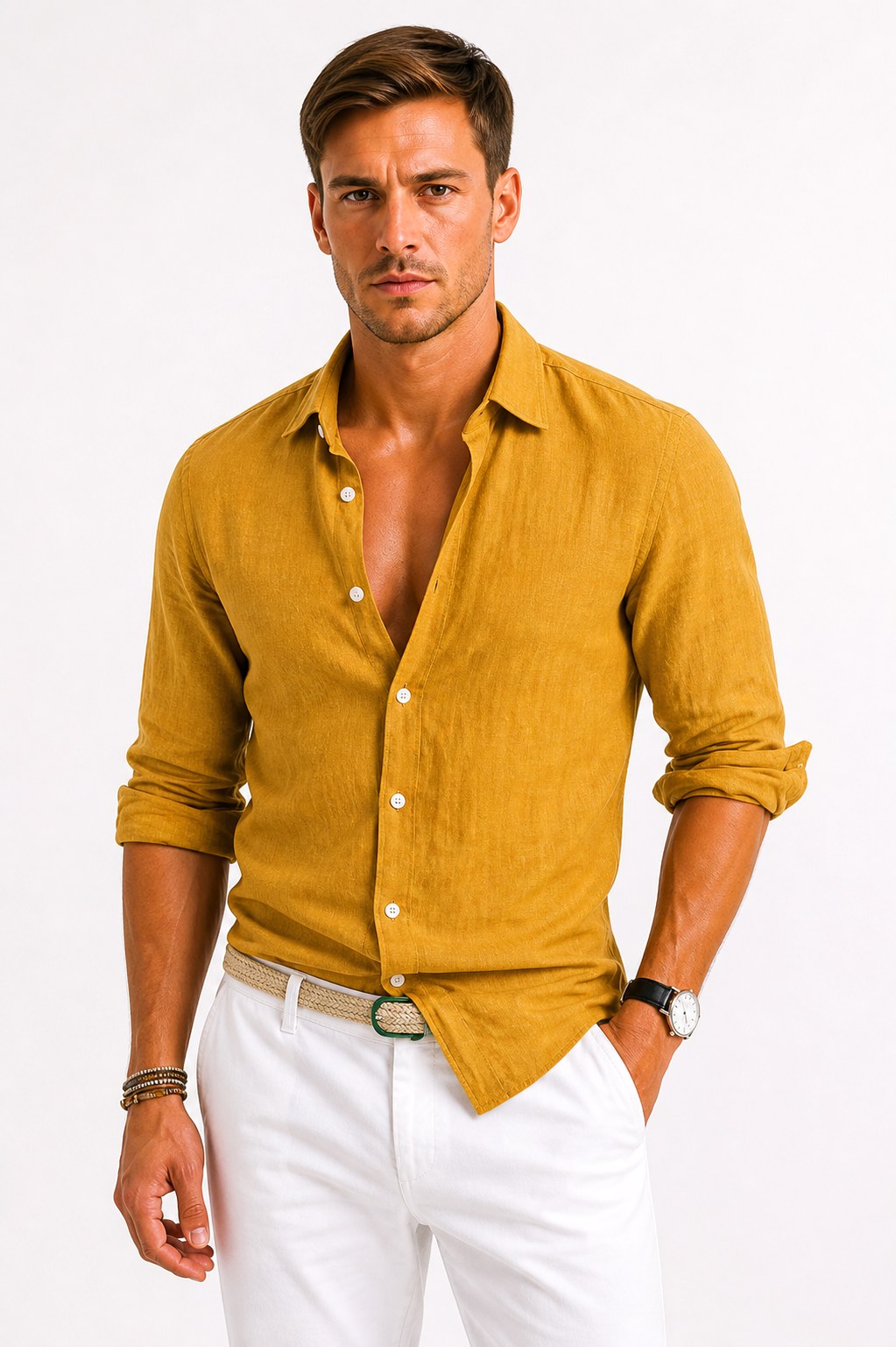 Adam | Men's Linen Oxford Shirt with Rolled Sleeves, Button-Down Casual Shirt | Everlasting Boutique | Mustard