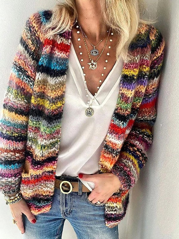 Adele | Women's Open Front Striped Knit Cardigan, Long Sleeve Layering Cardigan | Everlasting Boutique | Multi