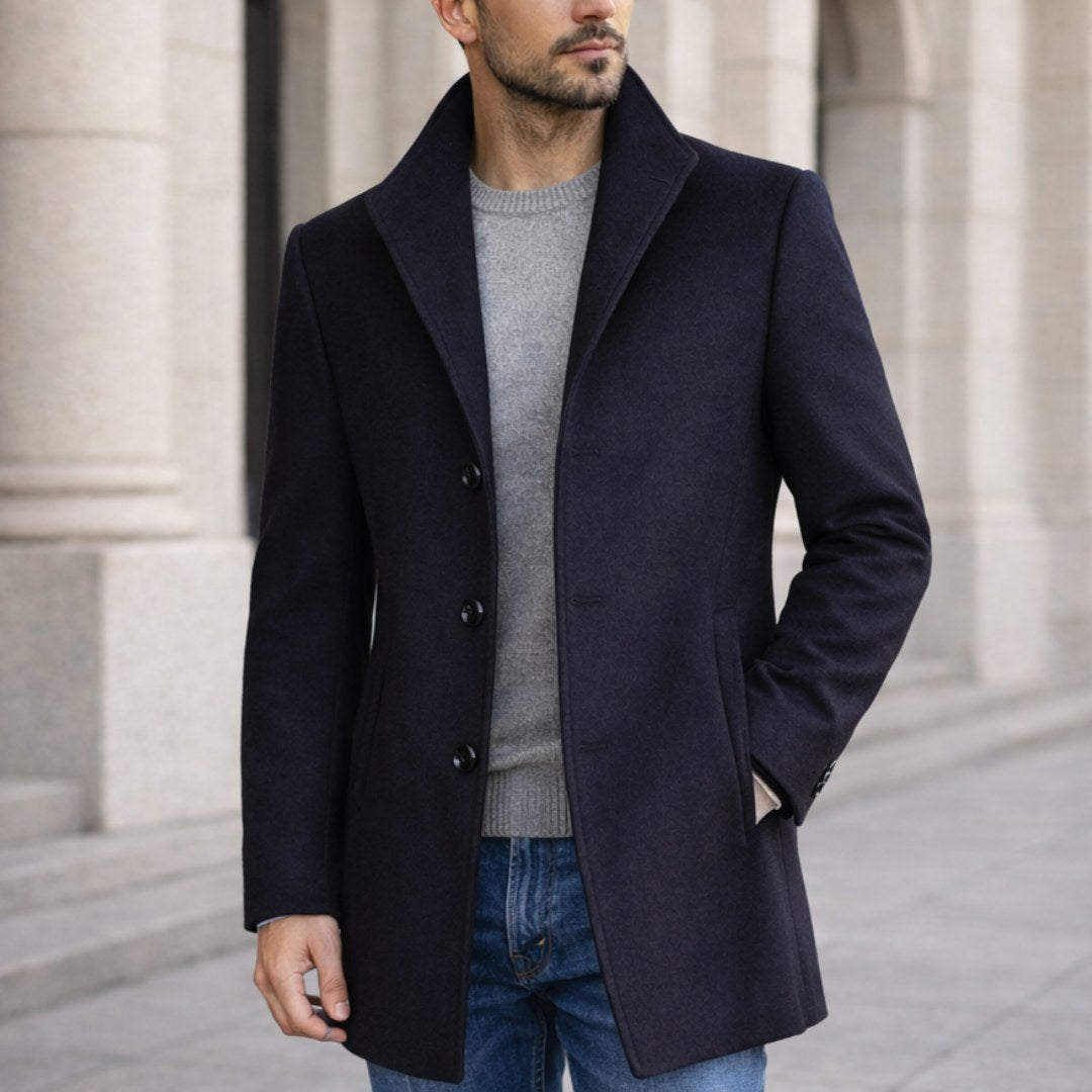 Aiden | Men's Long Winter Coat with Classic Tailoring, Refined Autumn Coat | Everlasting Boutique | Navy Blue