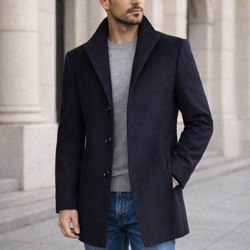 Aiden | Men's Long Winter Coat with Classic Tailoring, Refined Autumn Coat | Everlasting Boutique | Navy Blue