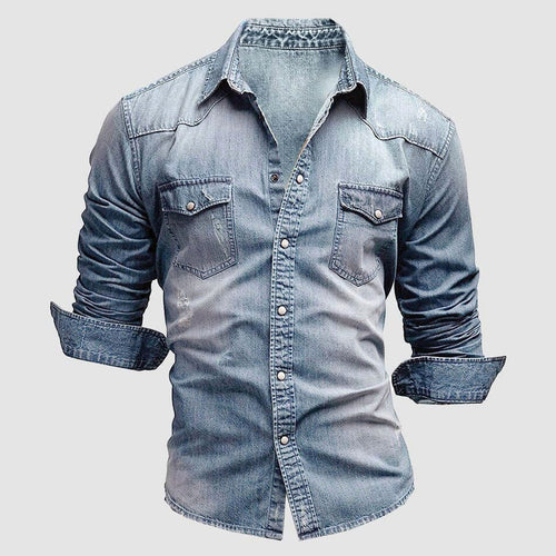 Alexander | Men's Long-Sleeve Denim Shirt with Vintage Used Look, Long-Sleeve Denim Shirt | Everlasting Boutique | Light Blue
