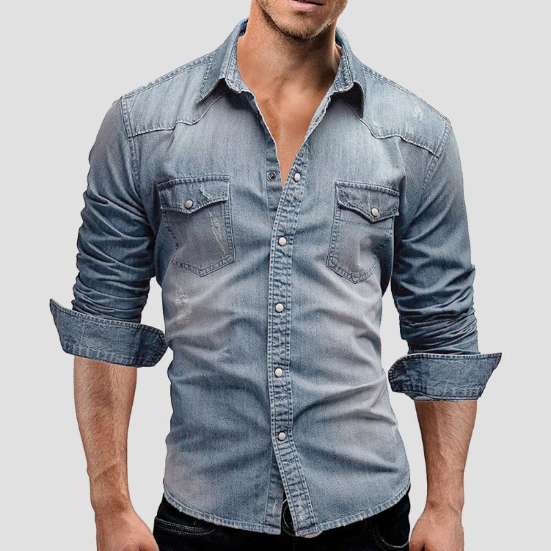 Alexander | Men's Long-Sleeve Denim Shirt with Vintage Used Look, Long-Sleeve Denim Shirt | Everlasting Boutique | Light Blue
