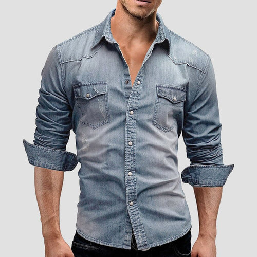 Alexander | Men's Long-Sleeve Denim Shirt with Vintage Used Look, Long-Sleeve Denim Shirt | Everlasting Boutique | Light Blue