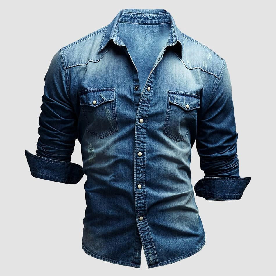 Alexander | Men's Long-Sleeve Denim Shirt with Vintage Used Look, Long-Sleeve Denim Shirt | Everlasting Boutique | Light Blue