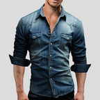 Alexander | Men's Long-Sleeve Denim Shirt with Vintage Used Look, Long-Sleeve Denim Shirt | Everlasting Boutique | Light Blue