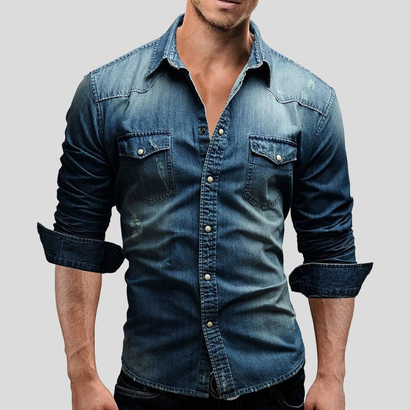 Alexander | Men's Long-Sleeve Denim Shirt with Vintage Used Look, Long-Sleeve Denim Shirt | Everlasting Boutique | Light Blue