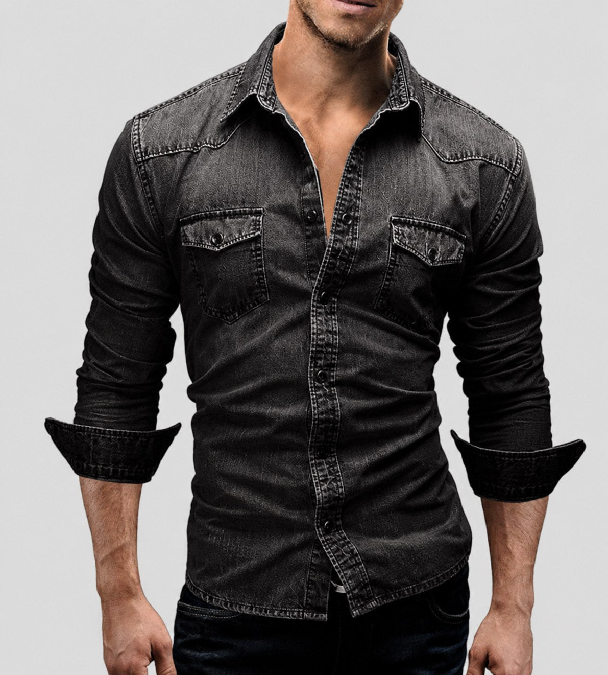 Alexander | Men's Long-Sleeve Denim Shirt with Vintage Used Look, Long-Sleeve Denim Shirt | Everlasting Boutique | Dark Blue