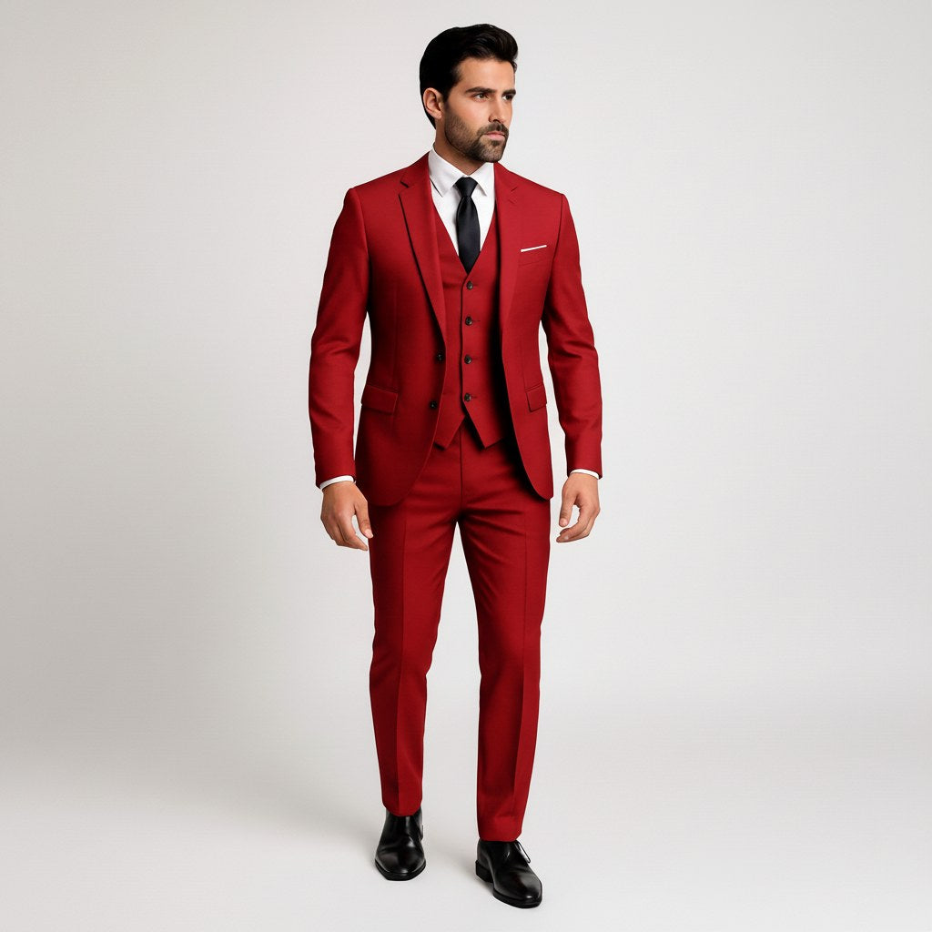 Alexander | Men's Three-Piece Suit with Waistcoat Formal, Elegant Suit Set | Everlasting Boutique | Pomegranate Red