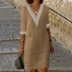 Alice | Women's Cotton and Linen Midi Dress, V-Neck Lace Detail Midi Dress | Everlasting Boutique