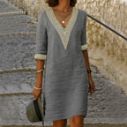 Alice | Women's Cotton and Linen Midi Dress, V-Neck Lace Detail Midi Dress | Everlasting Boutique