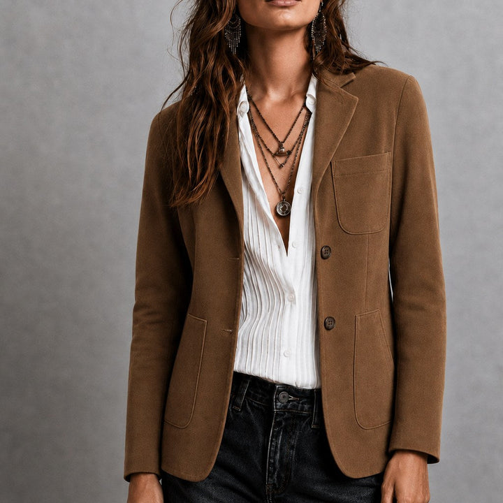 Amandine | Women's Suede Blazer with Notch Lapel, Patch Pocket Jacket | Everlasting Boutique | Brown