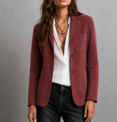 Amandine | Women's Suede Blazer with Notch Lapel, Patch Pocket Jacket | Everlasting Boutique | Red