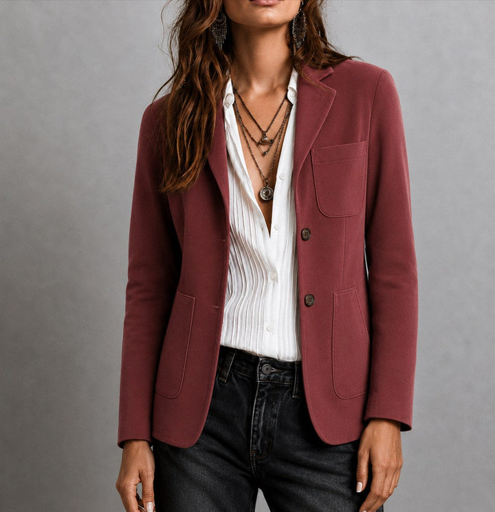 Amandine | Women's Suede Blazer with Notch Lapel, Patch Pocket Jacket | Everlasting Boutique | Red