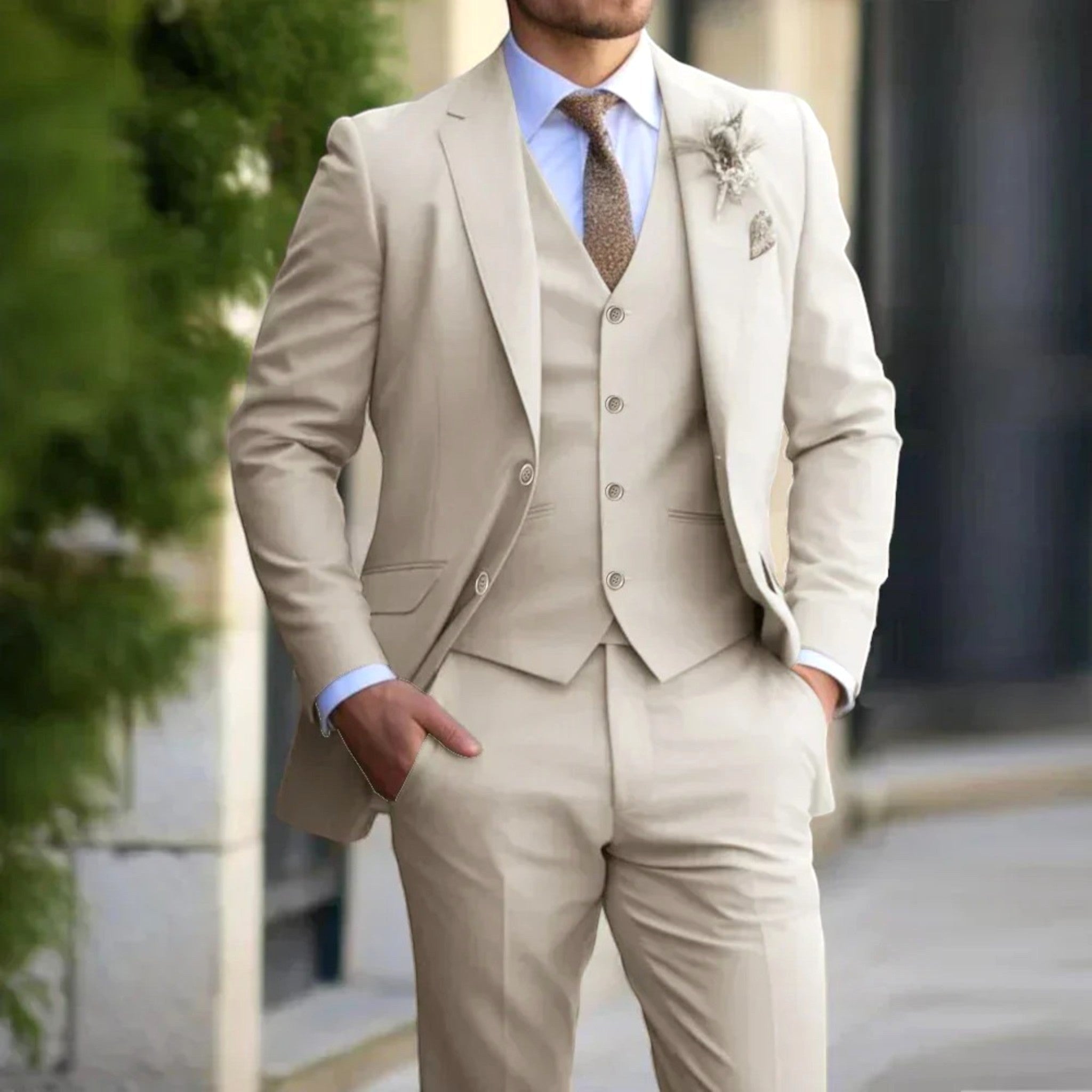 Anton | Men's Slim Fit Suit with Waistcoat, Three-Piece Suit | Everlasting Boutique | Beige