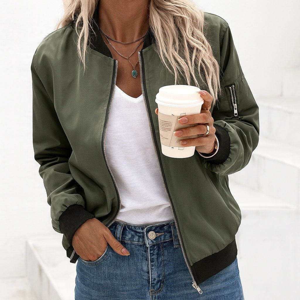 Ariane | Women's Classic Zip Bomber Jacket, Streamlined Lightweight Jacket | Everlasting Boutique | Army green
