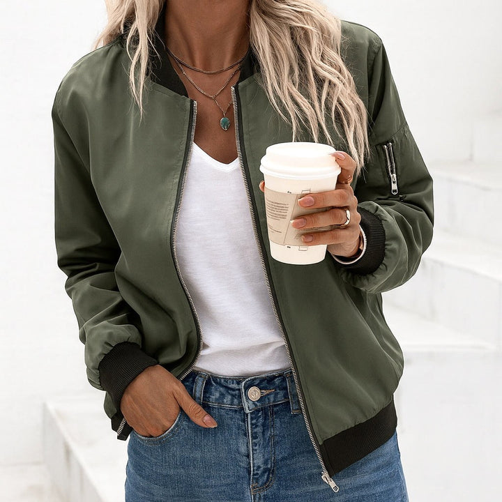 Ariane | Women's Classic Zip Bomber Jacket, Streamlined Lightweight Jacket | Everlasting Boutique | Army green