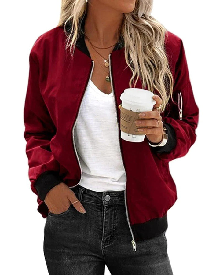 Ariane | Women's Classic Zip Bomber Jacket, Streamlined Lightweight Jacket | Everlasting Boutique | Red