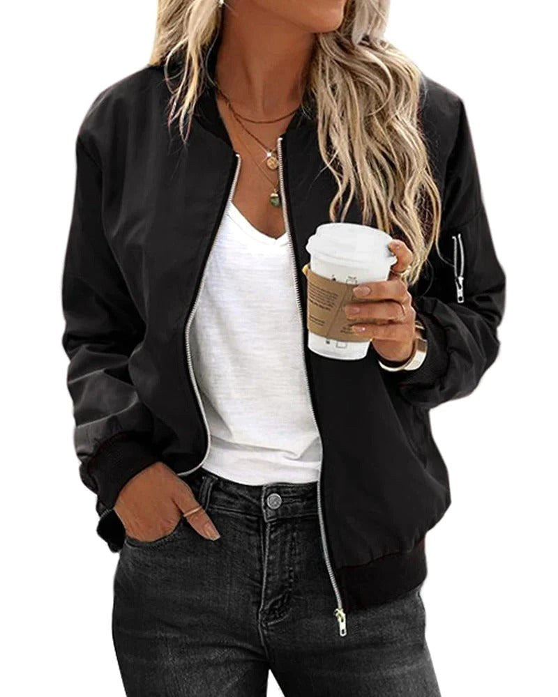 Ariane | Women's Classic Zip Bomber Jacket, Streamlined Lightweight Jacket | Everlasting Boutique | Black