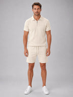 Ashley | Men's Zip Polo Shirt and Shorts Set, Relaxed Two-Piece Set | Everlasting Boutique | Beige