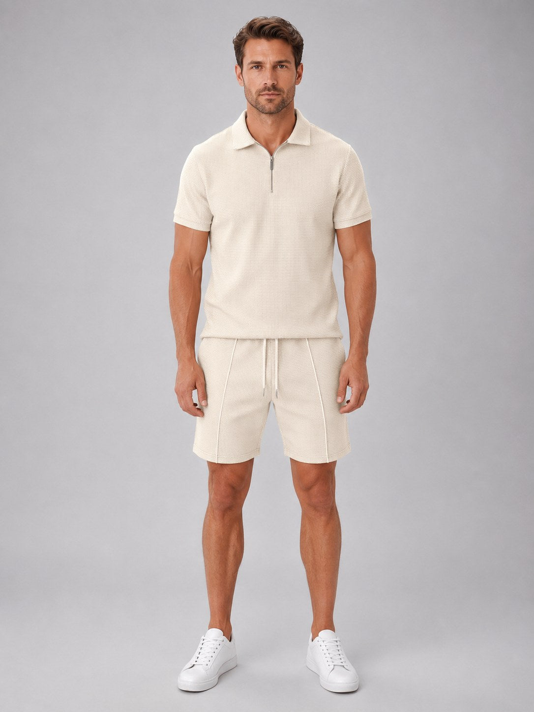 Ashley | Men's Zip Polo Shirt and Shorts Set, Relaxed Two-Piece Set | Everlasting Boutique | Beige