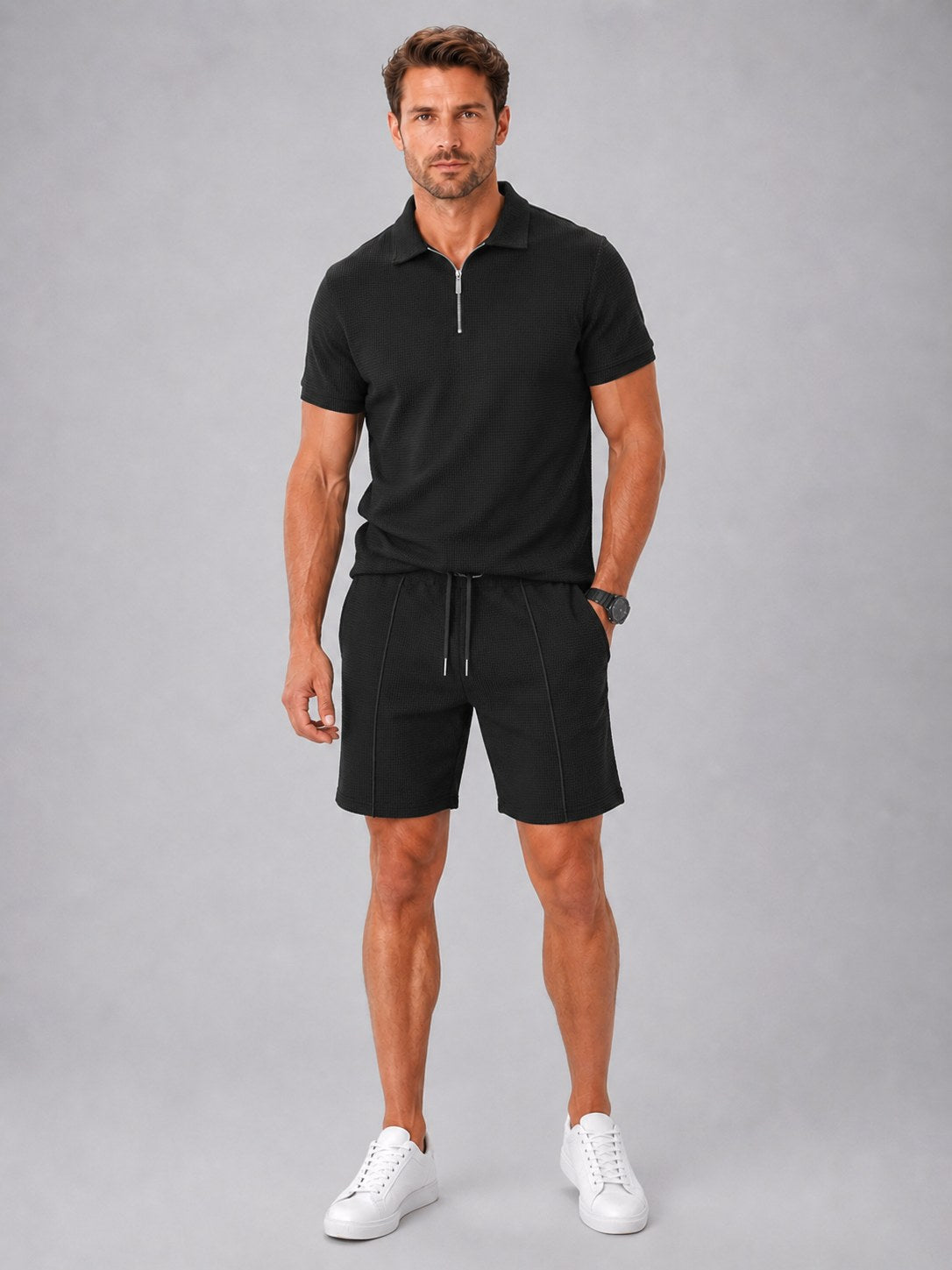 Ashley | Men's Zip Polo Shirt and Shorts Set, Relaxed Two-Piece Set | Everlasting Boutique