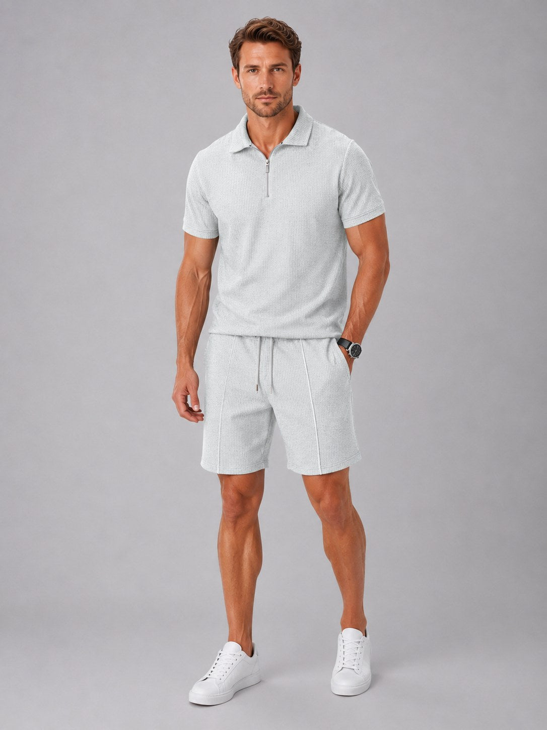 Ashley | Men's Zip Polo Shirt and Shorts Set, Relaxed Two-Piece Set | Everlasting Boutique
