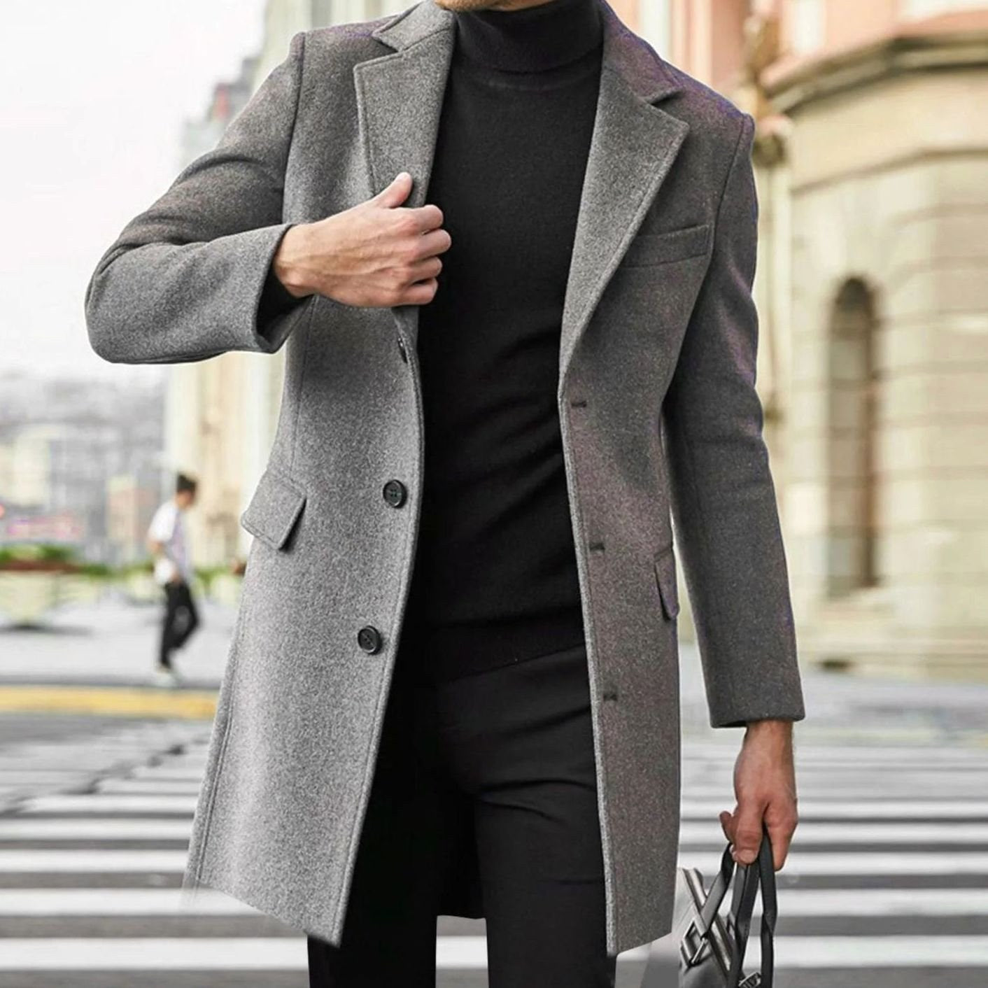 August | Men's Tailored Wool-Blend Coat with Single-Breasted Fastening, Elegant Winter Coat | Everlasting Boutique | Black