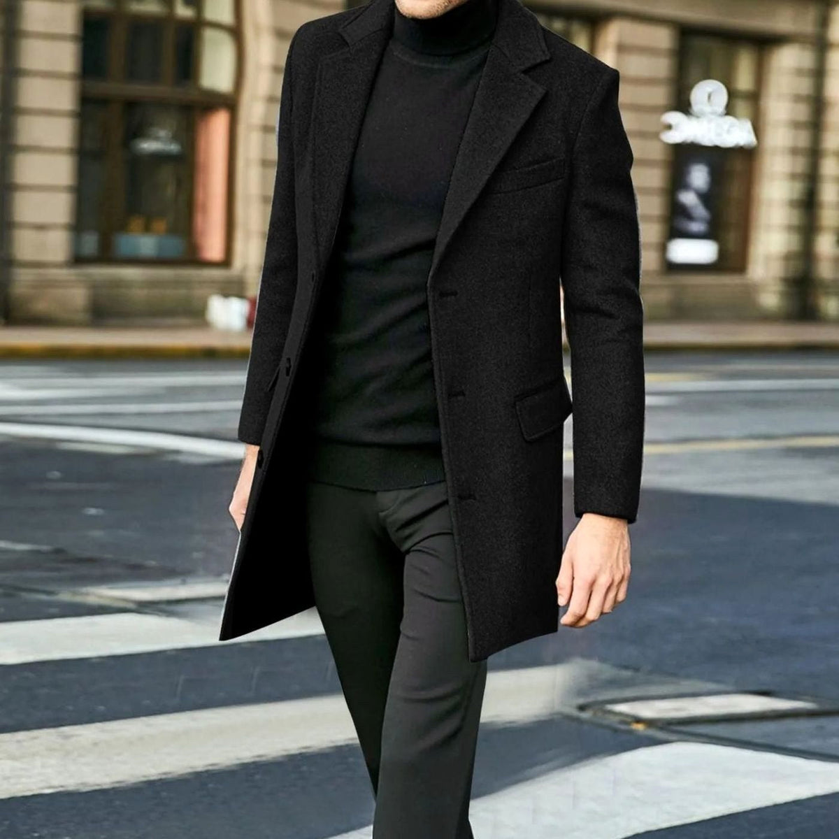 August | Men's Tailored Wool-Blend Coat with Single-Breasted Fastening, Elegant Winter Coat | Everlasting Boutique | Black
