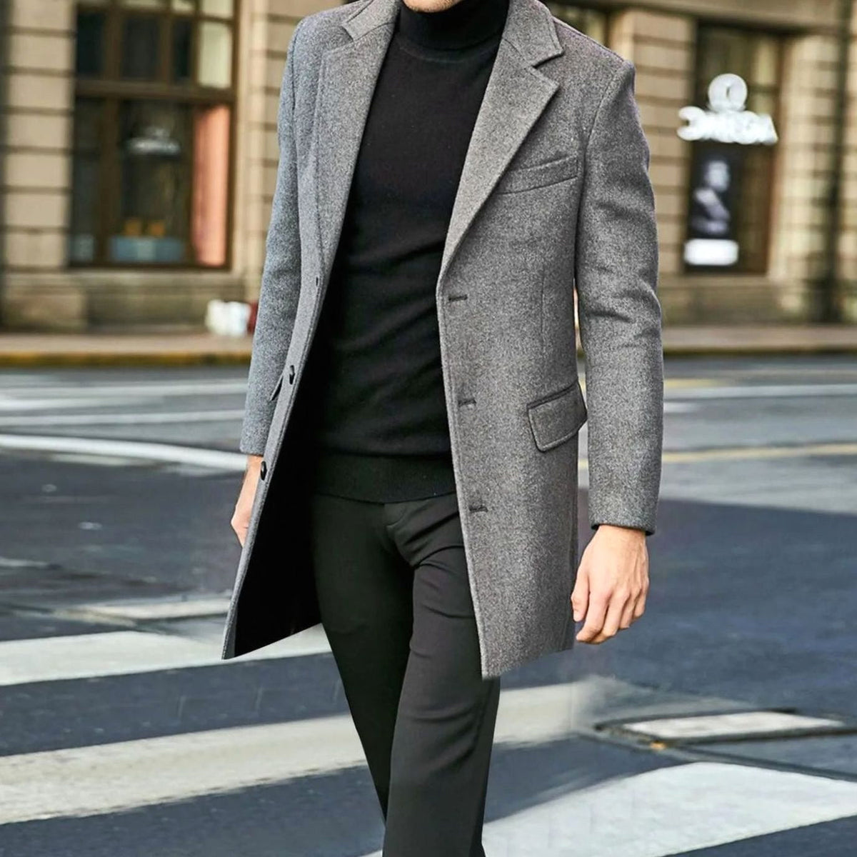 August | Men's Tailored Wool-Blend Coat with Single-Breasted Fastening, Elegant Winter Coat | Everlasting Boutique | Black