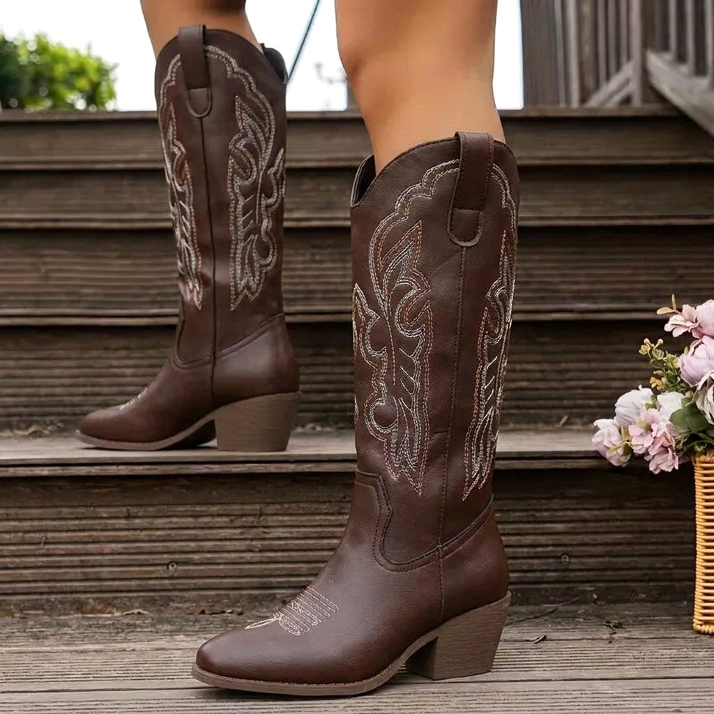 Aurelia | Women's Knee-High Cowgirl Boots with Embroidery, Block Heel Western Boots | Everlasting Boutique | Brown