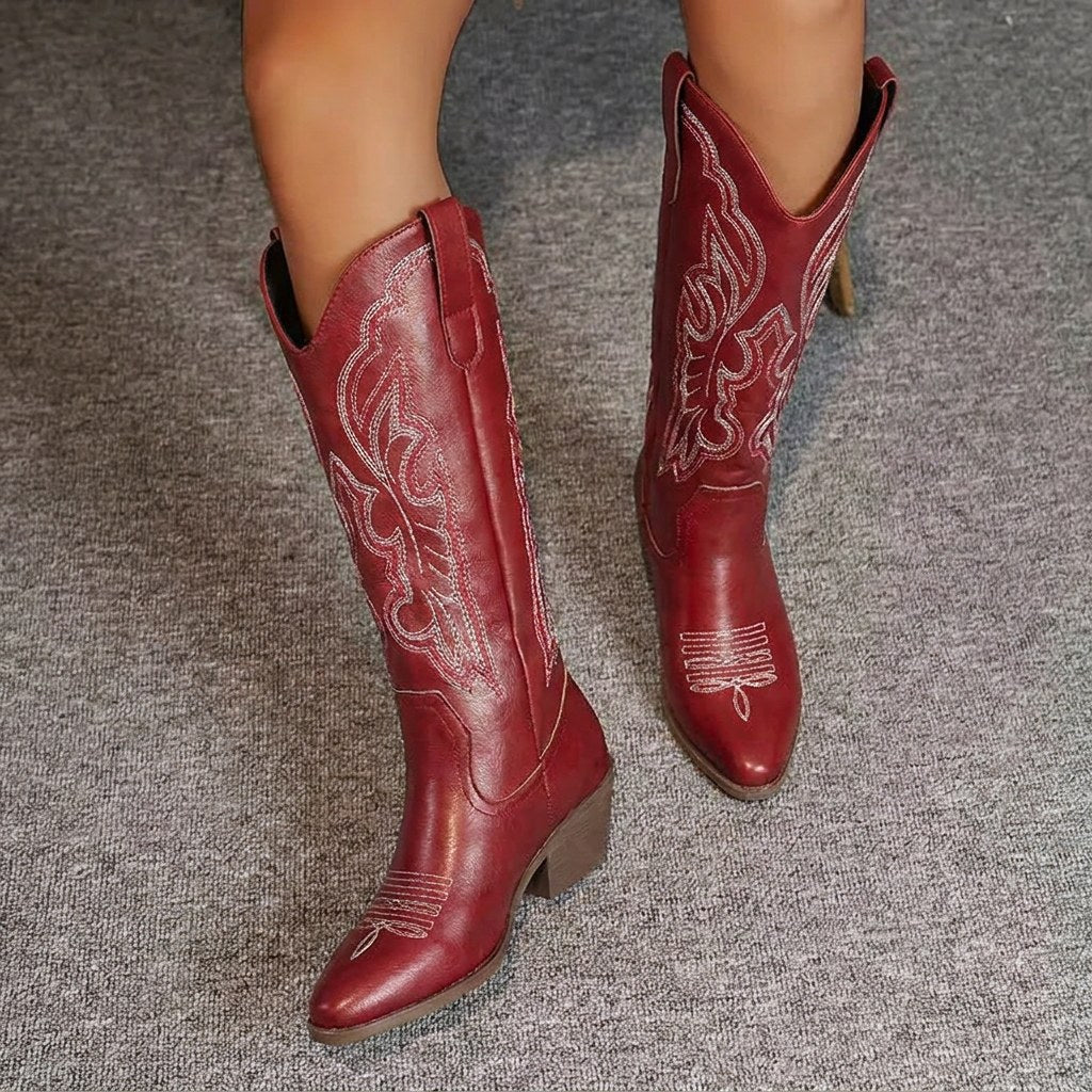 Aurelia | Women's Knee-High Cowgirl Boots with Embroidery, Block Heel Western Boots | Everlasting Boutique