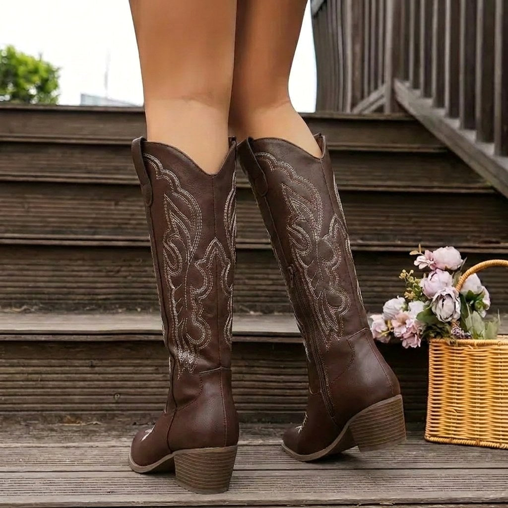 Aurelia | Women's Knee-High Cowgirl Boots with Embroidery, Block Heel Western Boots | Everlasting Boutique | Black