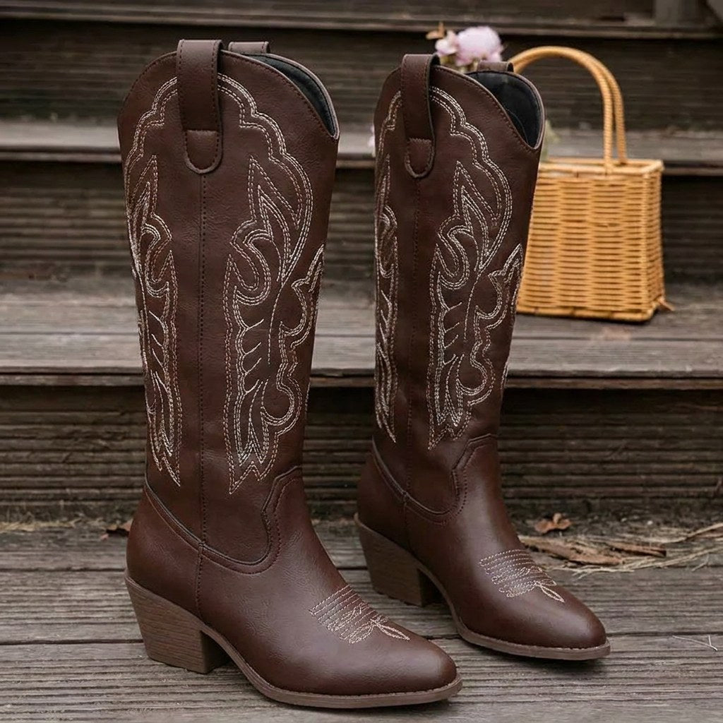 Aurelia | Women's Knee-High Cowgirl Boots with Embroidery, Block Heel Western Boots | Everlasting Boutique