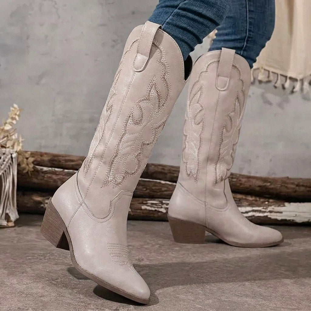 Aurelia | Women's Knee-High Cowgirl Boots with Embroidery, Block Heel Western Boots | Everlasting Boutique