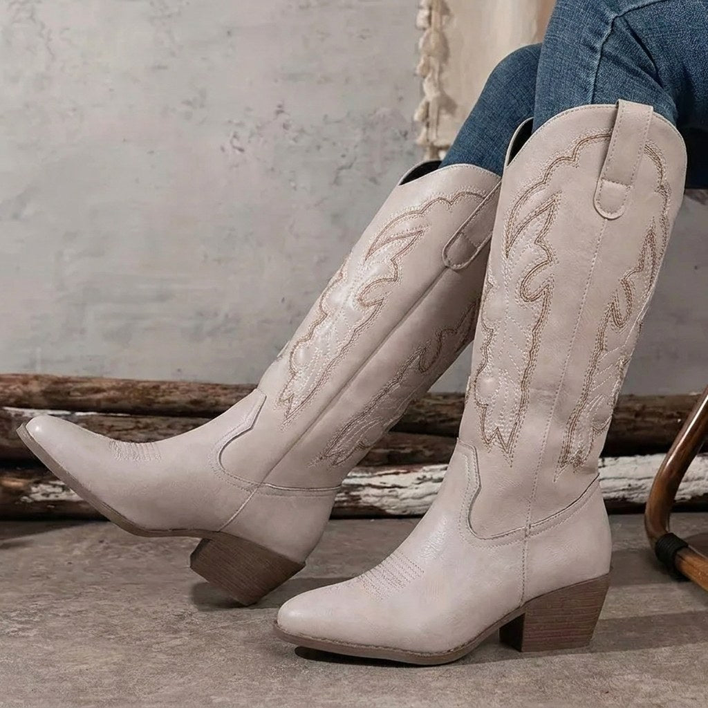 Aurelia | Women's Knee-High Cowgirl Boots with Embroidery, Block Heel Western Boots | Everlasting Boutique