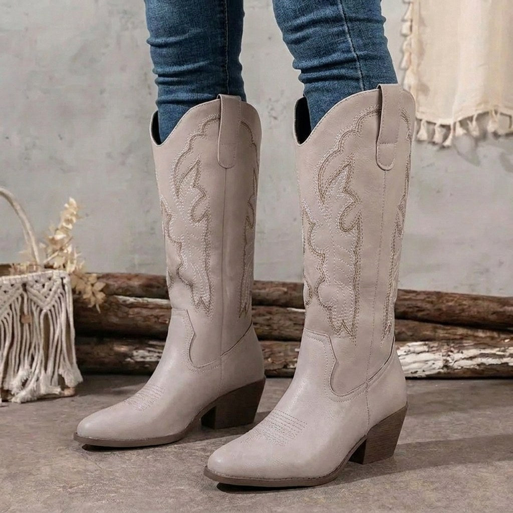 Aurelia | Women's Knee-High Cowgirl Boots with Embroidery, Block Heel Western Boots | Everlasting Boutique